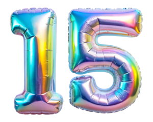 neon holografic foil balloon for birthday in the shape of the number 15 , isolated on the white background