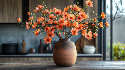 A rustic vase filled with orange blossoms sits on a wooden countertop in a kitchen.