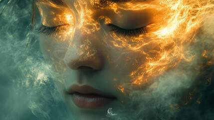 Woman's face with fiery essence and closed eyes in ethereal glow