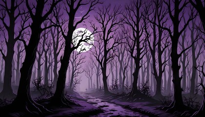Obraz premium Illustration of a spooky woods at night with a full moon, purple sky, Halloween