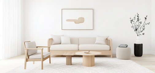 A Scandinavian-inspired living room with light wood furniture, neutral textiles, and a statement geometric rug, creating a clean, calming, and functional space