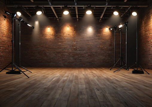 Estudio fotografico de ladrillos con focos y luces, brick photographic studio with spotlights and lights