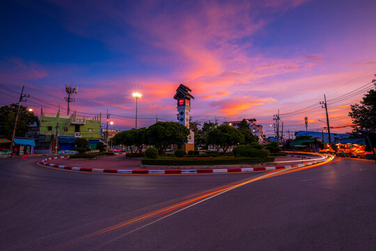 Clock Tower, Roundabout Road,Clock Tower in the evening, Tha Chalom, Samut Sakhon Province, Thailand