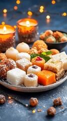 Artfully Arranged Traditional Indian Sweets with Festive Candles and Lights