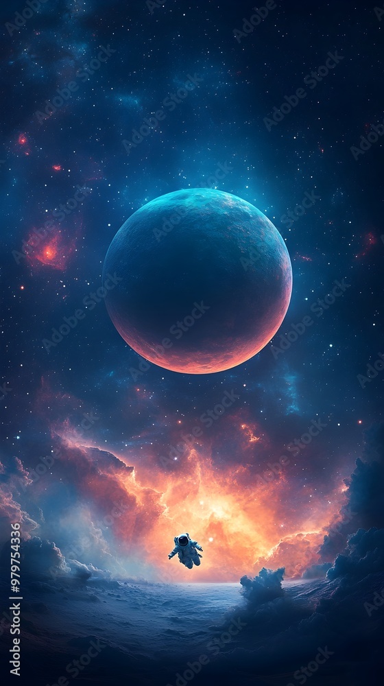 Poster Astronaut Floating Above Surreal Colorful Planet in Cosmic Nebula Landscape