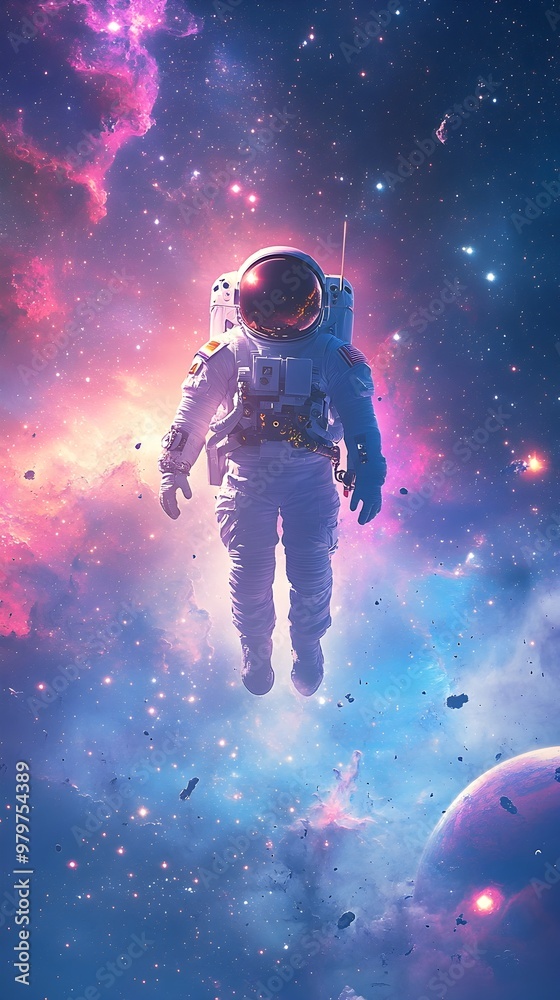 Poster Astronaut Floating in Surreal Cosmic Landscape with Colorful Nebulae
