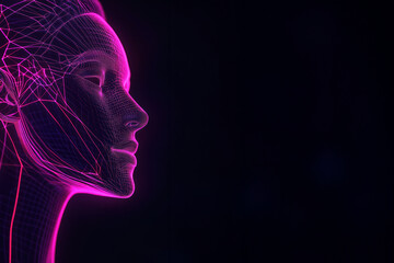 Digital human form in pink and purple neon wireframe glow
