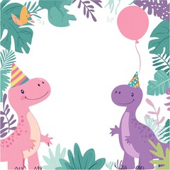A playful dinosaur-themed background for invitations, featuring colorful dinosaurs, greenery, and a central blank area for text.

