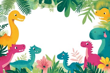 Fototapeta premium A playful dinosaur-themed background for invitations, featuring colorful dinosaurs, greenery, and a central blank area for text.