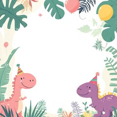 Fototapeta premium A playful dinosaur-themed background for invitations, featuring colorful dinosaurs, greenery, and a central blank area for text.