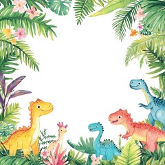 A playful dinosaur-themed background for invitations, featuring colorful dinosaurs, greenery, and a central blank area for text.

