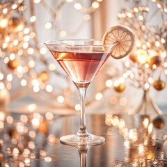 Cocktail glass with lemon slice, festive mood, on blurred bokeh lights background, copy space