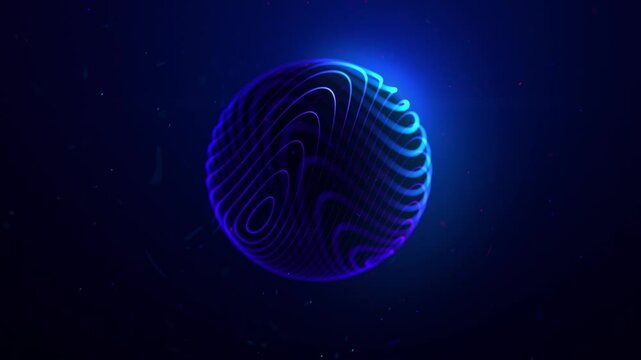 Glowing sphere blue background. Holographic ball gradient. Geometric neon graphic fluorescent orb. Looped. Digital sphere background. Moon eclipse. Spark particles, night space.