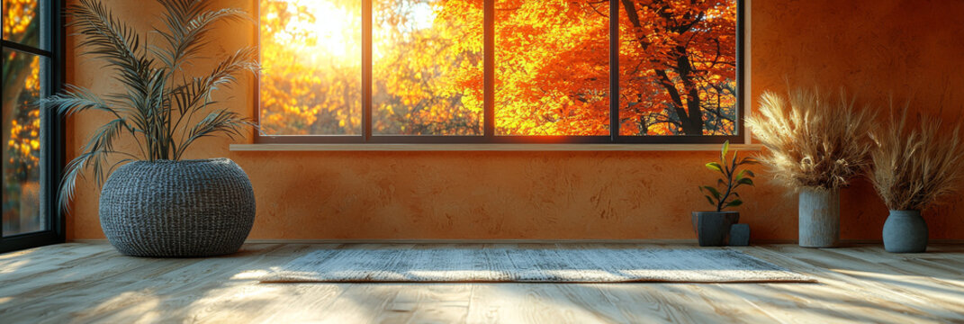 Autumnal vibes in a cozy room with a view of colorful trees.