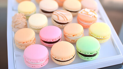 Obraz premium Many colorful macarons on the shelf for sale in the mall