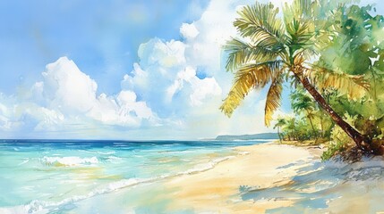 Watercolor painting of a tropical beach scene.