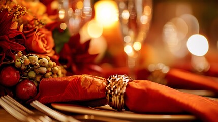 Obraz premium Festive Thanksgiving Table Setting with Fall Napkin Rings and Place Cards