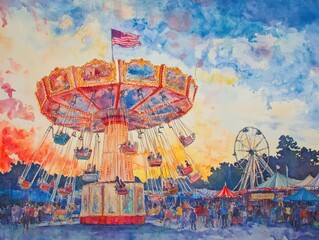 Obraz premium Watercolor painting of carnival rides and crowds.