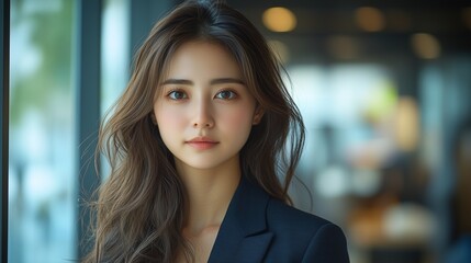Naklejka premium a confident female CEO standing in a moden office with large window, wearing a tailored suit and looking out thoughtfully