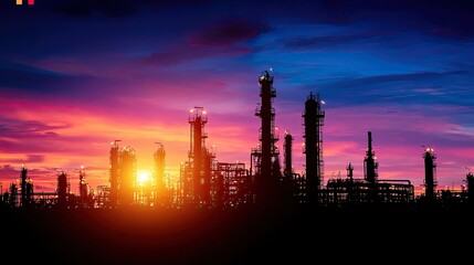 Fototapeta premium A stunning silhouette of an industrial complex against a vibrant sunset sky, showcasing the beauty of engineering and nature.