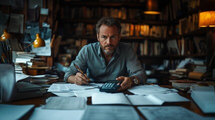 An accountant sitting at a desk cluttered with documents and a calculatora