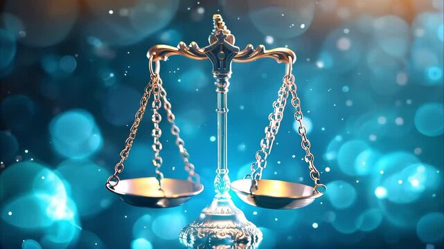 A golden balance scale set against a shimmering blue background, representing justice and fairness.