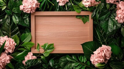 Obraz premium A wooden frame surrounded by vibrant green leaves and pink flowers, ideal for showcasing beautiful artworks or photos.
