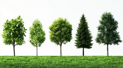 Elegant arrangement of diverse trees showcasing their unique shapes and colors against a bright background.