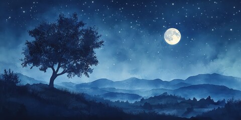 Night sky with stars, moon, tree, and mountains.