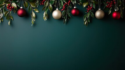 Festive holiday decorations with red and gold ornaments hanging among lush green foliage on a dark background.