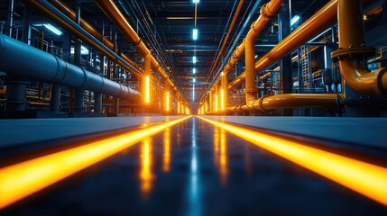 Futuristic industrial pipeline with glowing lights on the floor, showcasing modern engineering and technology in a factory setting.