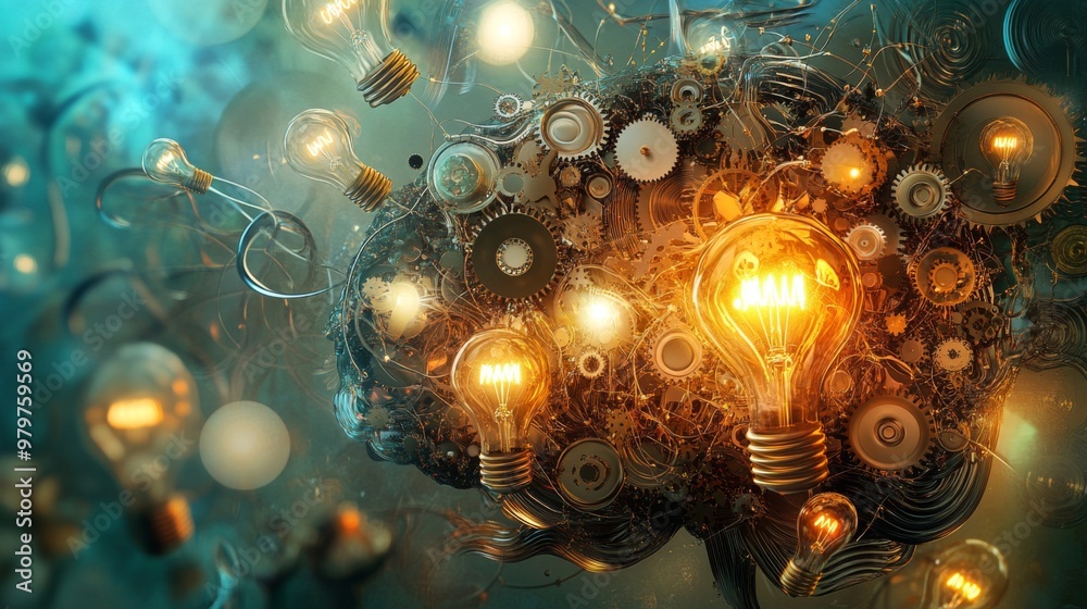 Aufkleber An abstract representation of a brain with interconnected gears and light bulbs, visually illustrating the complexity and flow of innovative ideas.