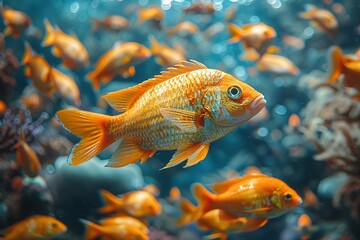 Naklejka premium A school of orange fish swimming in a tank