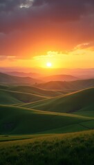 Fototapeta premium Tranquil golden hour over lush green rolling landscape
