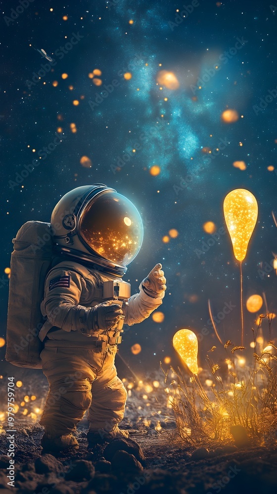 Poster Curious Astronaut Discovers Glowing Alien Life Forms on Distant Planet