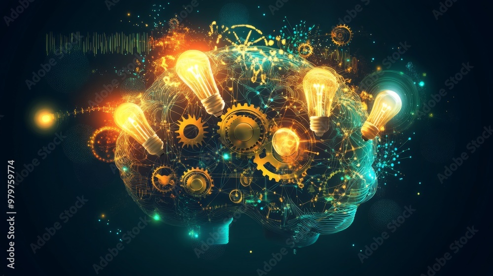 Aufkleber An abstract representation of a brain with interconnected gears and light bulbs, visually illustrating the complexity and flow of innovative ideas.