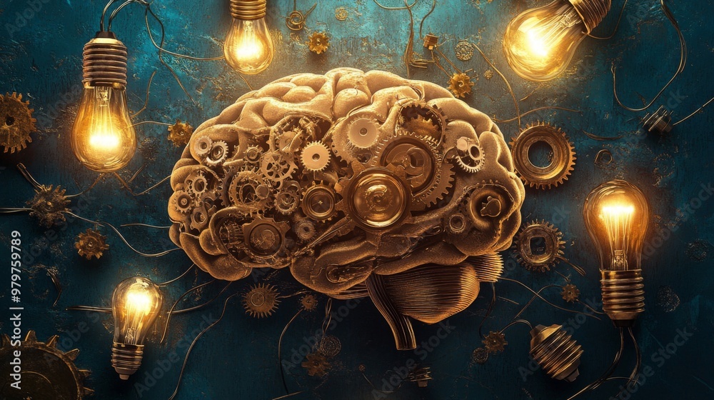 Poster An abstract representation of a brain with interconnected gears and light bulbs, visually illustrating the complexity and flow of innovative ideas.