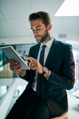 Office, thinking and businessman with tablet, online and planning for economic trends or...