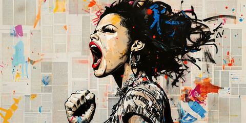 Woman screaming for rights equality, rebel fighting spirit, urban street art graffiti collage