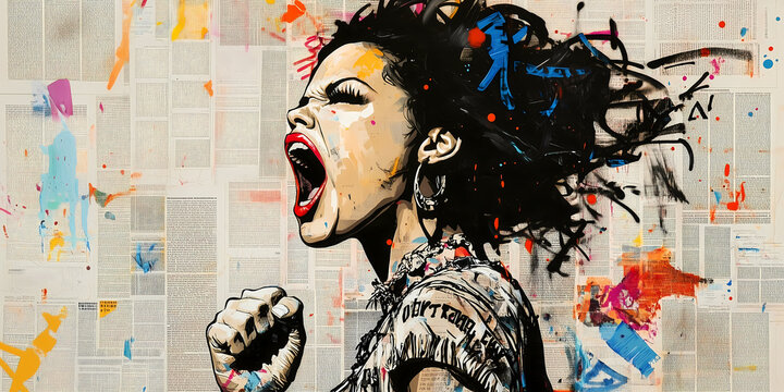 Woman screaming for rights equality, rebel fighting spirit, urban street art graffiti collage