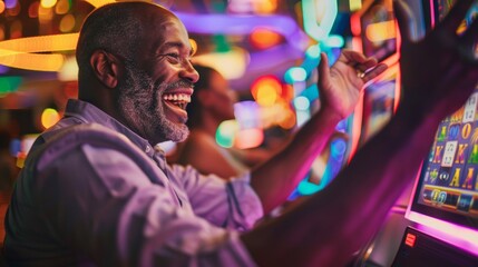 happy man winning 8 on a slot machine in a casino