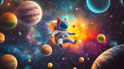 Naklejka premium Cat Astronaut flying outer space among colorful planets and stars 3D cartoon illustration