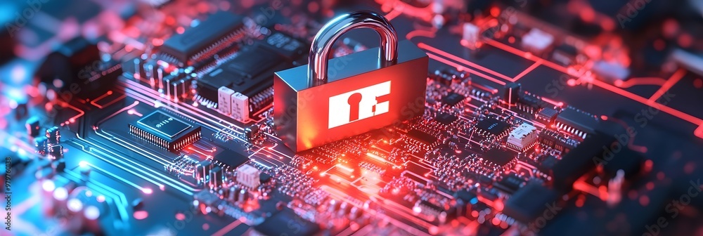 Poster Cybersecurity Digital Concept with Locked Padlock and Circuit Lines