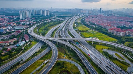 Fototapeta premium An aerial shot of a multi-lane expressway surrounded by green fields and urban development, highlighting the infrastructure and transportation network.