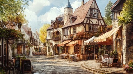 Fototapeta premium A picturesque European street with cafes and charming buildings.
