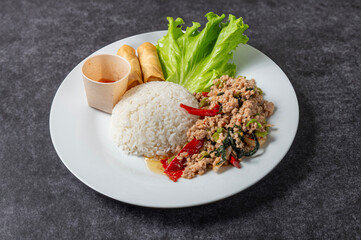 stir fried pork isolated on gray marble table 