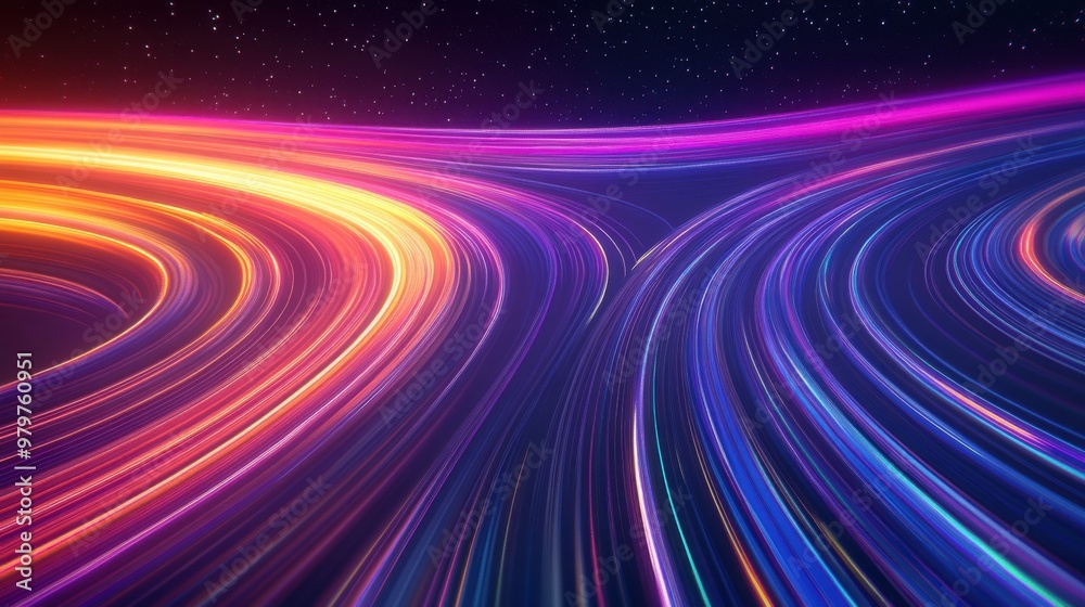 Poster Abstract background with colorful light lines in the shape of curved paths on a dark, starry sky, a futuristic digital technology concept, suggesting speed and motion.