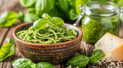 Delicious spaghetti with pesto on a clay plate, fresh basil, cheese, and pesto jar on wooden table