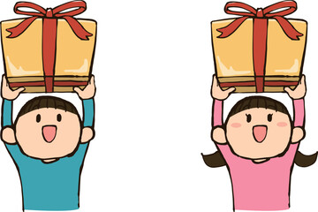 プレゼントを持った男女子供イラストのセット