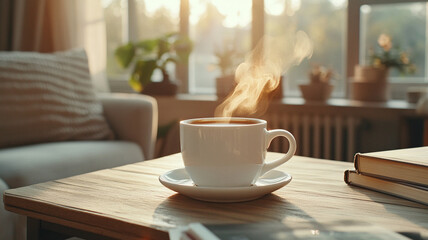 A steaming cup of coffee sits on wooden table, creating cozy atmosphere